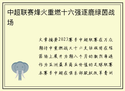 中超联赛烽火重燃十六强逐鹿绿茵战场